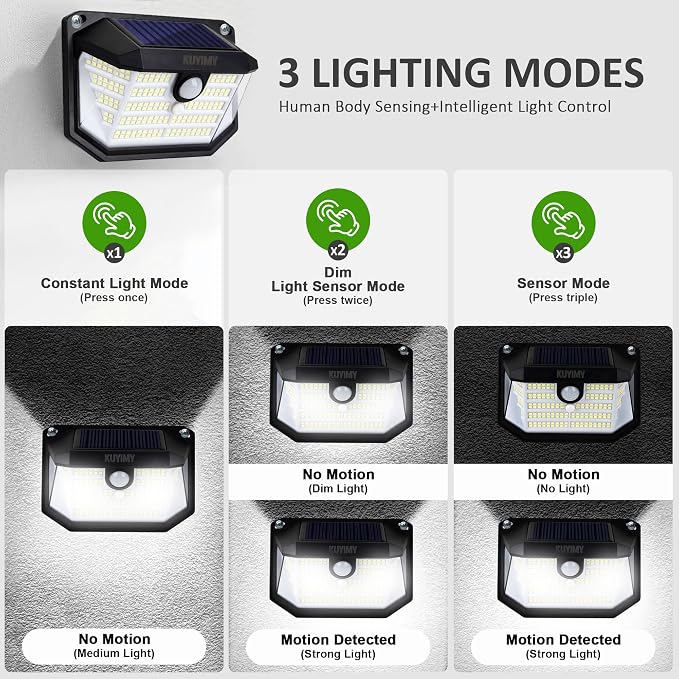 Solar Outdoor Lights, 230 LED with Motion Sensor and 3 Modes, IP65 Waterproof, 270° Wide Angle Light, Easy-to-Install Intelligent Security Wireless Wall Lights for Patio, Garden, Fence(2 Pack)