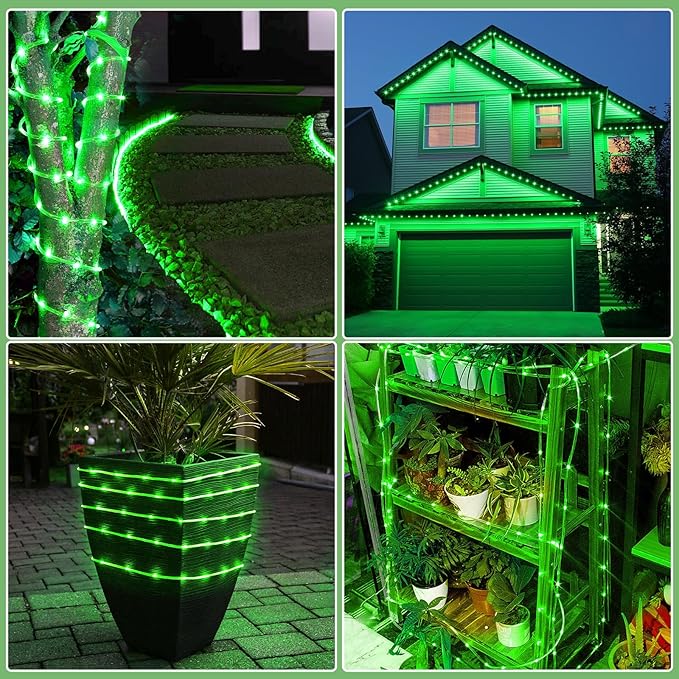 33FT 135 LED Solar Rope Lights Outdoor Waterproof, Green Solar Rope Lights for Outside 8 Modes, Solar Powered Fairy Light for Camping Patio Garden Fence Trampoline Holiday Decorations