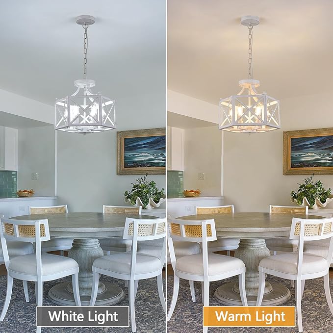 6-Light Antique White Pendant Light, Modern Farmhouse Chandeliers for Dining Room, Adjustable Hexagonal Metal Hanging Light, Vintage Geometric Pendant Lighting for Kitchen Island Entryway Foyer