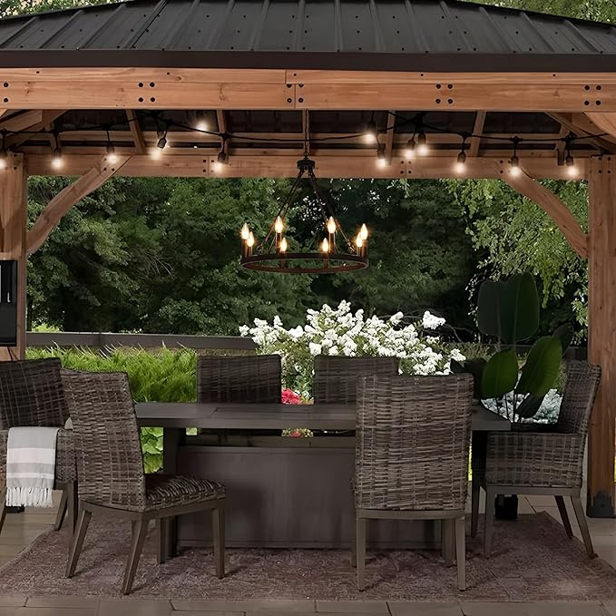 LASENCHOO Plug in Wagon Wheel Chandelier 8 Lights Dia 23.6" Black Round Farmhouse Chandeliers for Dining Room Light Fixture, Hanging Lights with Plug in Cord 16.4ft & Switch for Gazebo Hallway Foyer