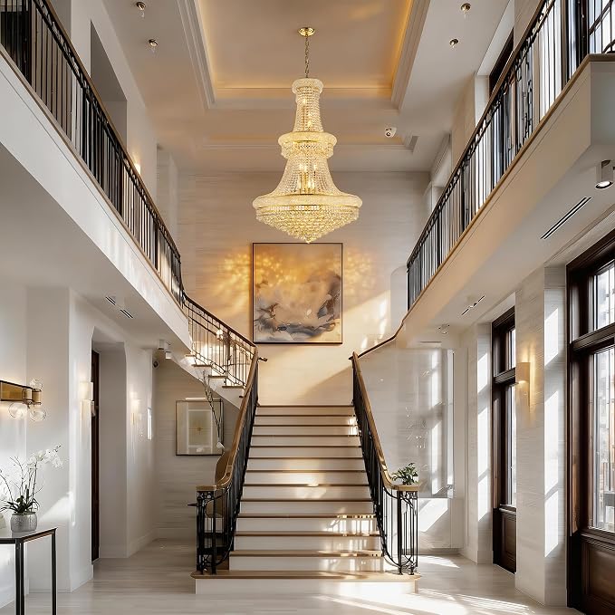 32" W 27 Light Luxury Foyer Chandeliers, Unique Empire K9 Crystal Chandelier for High Ceiling Foyer Entryway Living Room (Gold)