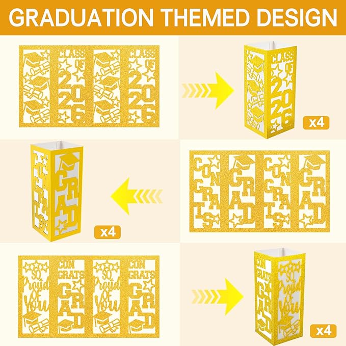 12 Pcs Graduation Table Centerpieces Boxes Class of 2026, Golden Graduation Paper Lanterns Boxes with String Lights Hollow Out for Congrats Grad School College Table Decorations Grad Party Photo Props