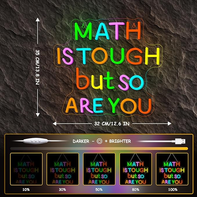 Classroom LED Sign Math Is Tough But So Are You Neon Sign for Wall Decor Math Lights Up Sign for Classroom Library Bedroom Reading Neon Signs LED Gifts for Art Teachers Teens