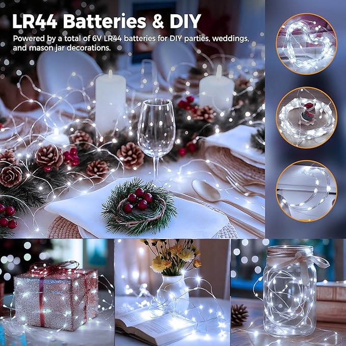 litogo 6 Pack Cool White Fairy Lights Battery Operated with Timer, 20 LED 3 Modes Twinkle Light, 7ft Waterproof Silver Wire Mini Small Bulk Mason Jar String Light, Decor for Wedding Party Christmas