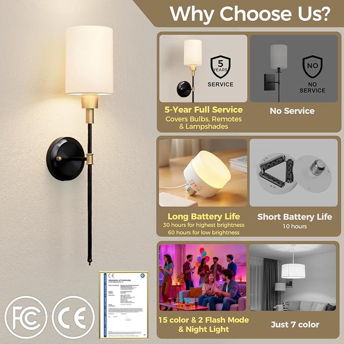 Battery Operated Wall Sconce: Set of 2 Wireless Wall Lights with 12000mAh | 15 Color Rechargeable Wall Sconces, Not Harwired Sconce Wall Decor Set of 2 for Bedroom, Living Room, Gold and Black 24.3in