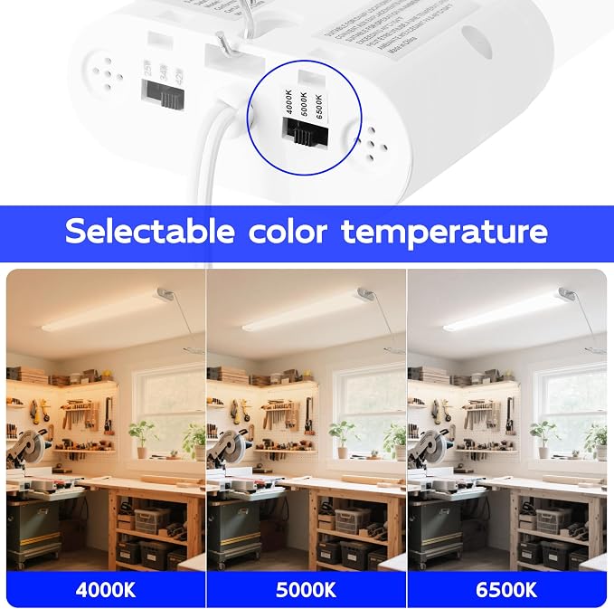 hykolity LED Shop Lights 4FT with Power Cord,5500LM,3 Power Level&3CCT | Shop Light 4000/5000/6500K Tunable,25/34/42W Switchable,Linkable Hanging/Surface Mount Shop Lights for Workshop,Garage,4 Pack