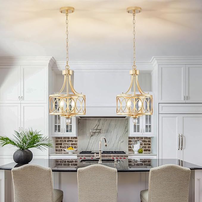 Gold Chandelier,11.2in Farmhouse Lantern Pendant Light Fixture,Adjustable Hanging Ceiling Lamp,for Kitchen Island,Bedroom,Entryway,Dining Room
