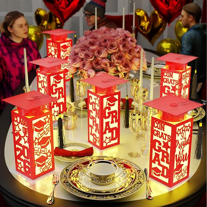 6 Pcs Graduation Table Centerpieces Boxes Class of 2026, Red Graduation Paper Lanterns Boxes with String Lights Hollow Out for Congrats Grad School College Table Decorations Grad Party Photo Props