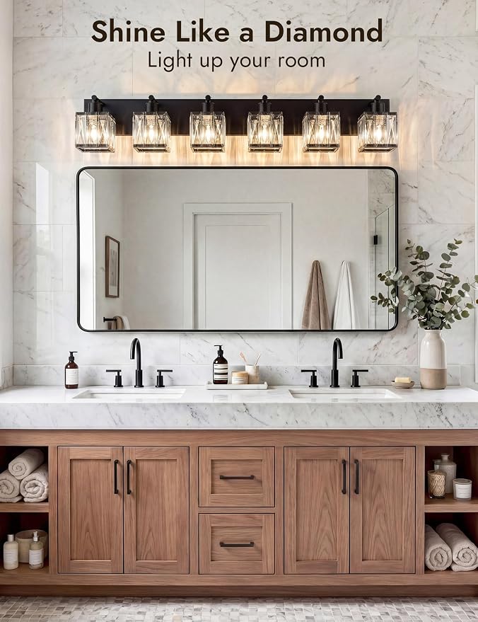 VOLISUN Black Bathroom Light Fixtures, Modern Bathroom Lighting Fixtures Over Mirror, 6 Light Bathrooms Vanity Light, Crystal Vanity Light for Bathrooms-UL Certificated(Exclude Bulb)