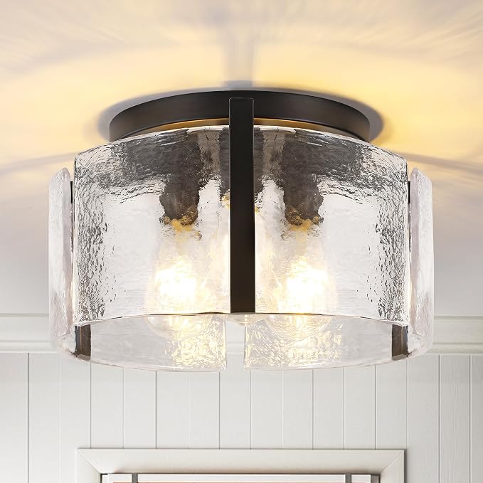 Black Semi Flush Mount Ceiling Light 15'', 3-Light Modern Farmhouse Glass Light Fixture, Dimmable Close to Ceiling Mount for Hallway, Kitchen Island, Entryway, Bedroom, Bathroom, Laundry Industrial