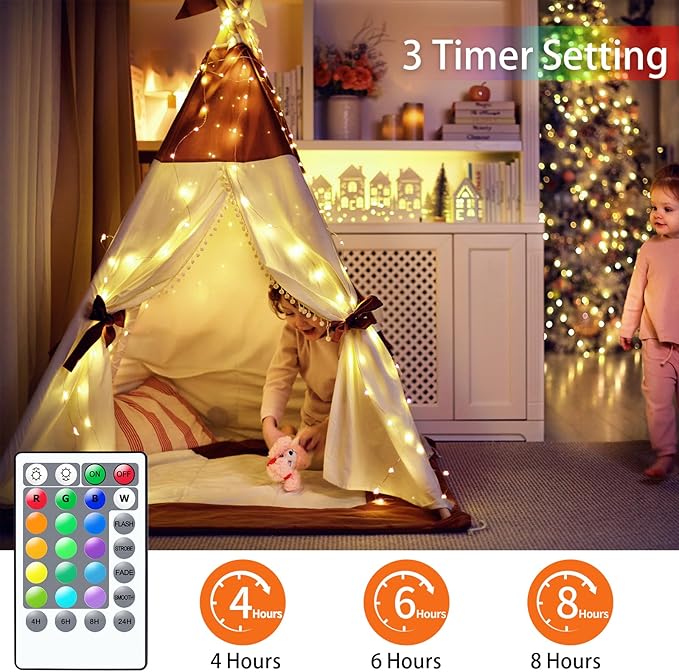 66ft 200LED Fairy Lights Battery Operated, 4 Pack 16.5ft 16 Color Changing String Light with Remote Timer, RGB Waterproof Twinkle Lights for Indoor Outdoor Room Gift Party Christmas Décor