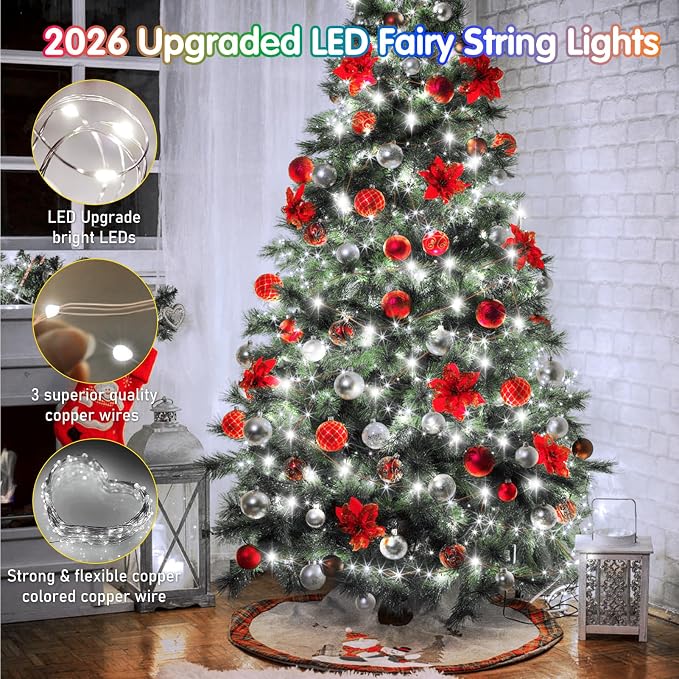 KNONEW 203FT 600LED Green Wire Outdoor Fairy Lights Plug in Cool White Xmas | Timer,Memory,Dimmable,Remote,Waterproof,Green Wire,Invisible in Greenery,for Garden,Wedding,Party, Indoor/Outdoor, Christmas