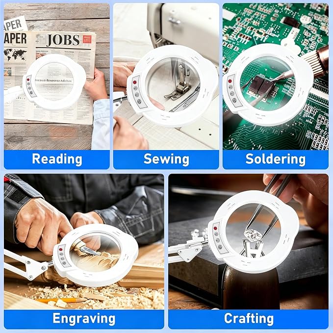 White 10X Magnifying Glass with Light and Stand, LED Desk Lamp with Base and Clamp, 5 Color Mode, 10 Dimmable Levels, Hands Free for Reading Crafts Jewelry Sewing Close Work