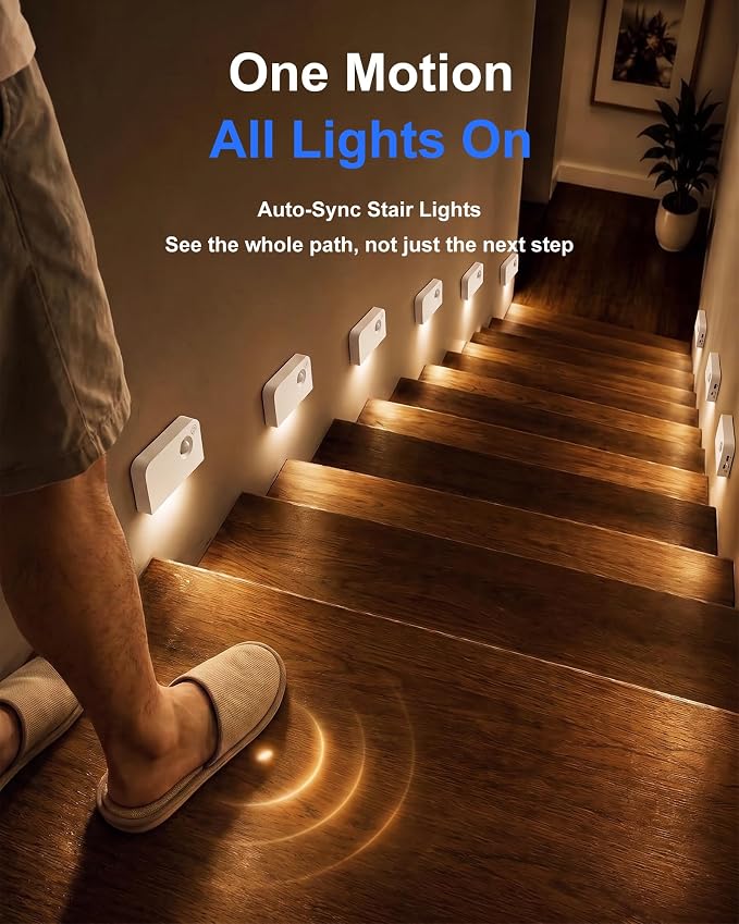 Motion Sensor Stair Light Indoor, Battery Operated Night Lights | Automatic, Wireless, Stick on Anywhere Portable LED Lamp for Step Toilet Hallway Bedroom Under Cabinet Closet Kitchen（6Pack）