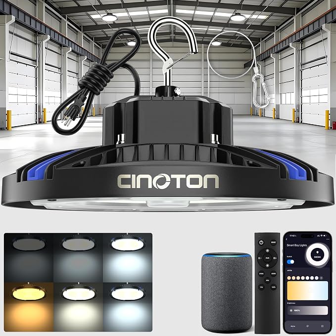 CINOTON Smart 210W 29400LM UFO LED High Bay Shop Light, ETL Listed 1 Pack | Remote/APP/Alexa Control, 120-270V US Plug 2700K-6500K 1-100% Brightness Stepless Dimm Aluminum Fixture for Garage Auto Shop