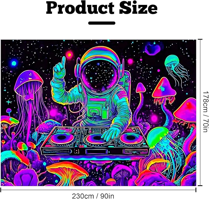 BVBOX Blacklight Space Astronaut Tapestry UV Reactive Galaxy Planet Glow in Dark Tapestries Black Light Poster Neon Wall Hanging Art for bedroom Living Room (Astronaut DJ 1-3M)