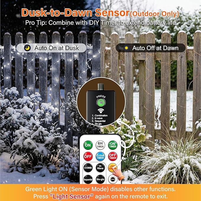 ZSJWL Rechargeable Fairy Lights with Remote，66ft 200 LED Outdoor Battery String Lights with DIY Timer & Light Sensor, Waterproof Dimmable Twinkle Light for Tree Christmas Indoor, White