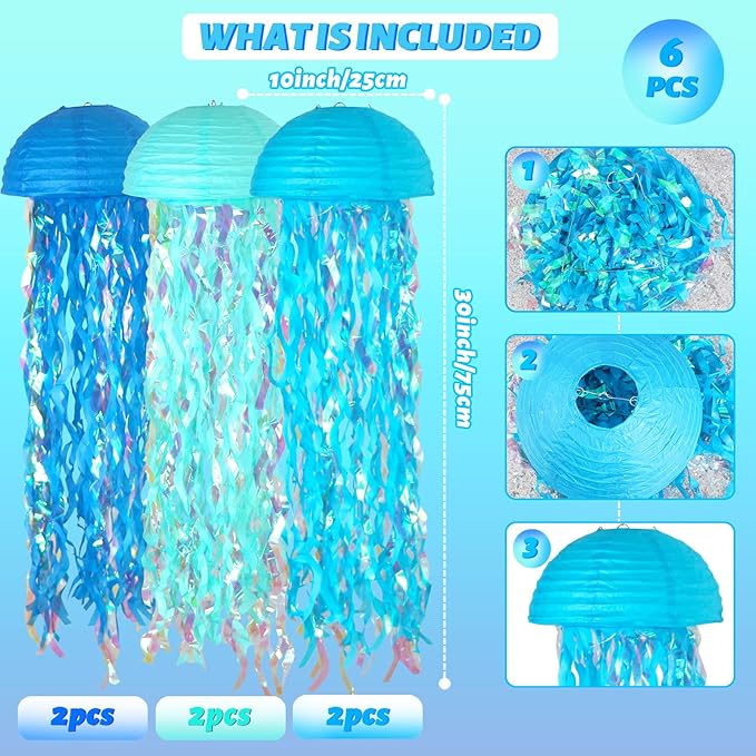 ADLKGG 10" Jellyfish Paper Lanterns Lamps - Gradient Blue Under the Sea Party Decorations for Mermaid Theme Birthday, Beach Baby Shower, Pre-Assembled Classroom & Ocean Decor, 6 PCS