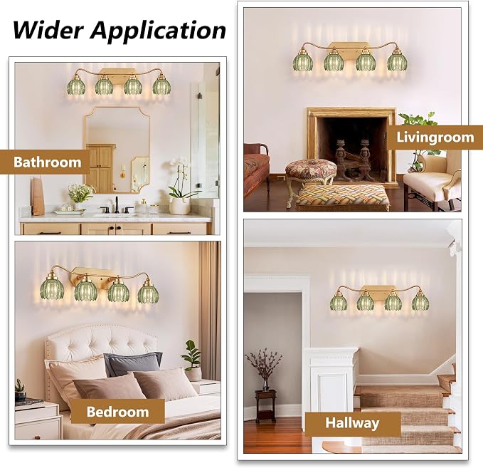 Vintage Gold Vanity Lights, 4 Light Tulip Crystal, Antique Brass Finish | Brushed Gold Bathroom Light Fixtures, Green Wall Sconce Ideal for Bedroom, Living Room, E26 Compatible, Easy Install
