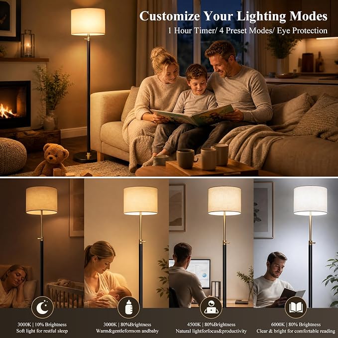 Floor Lamp Height Adjustable with Dimmable RGB for Living Room and Bedroom | 55"- 67" Height Adjustable Black Standing Lamp with Remote RGB Dimmable - Tall Stand Light with Shade for Corner Lighting