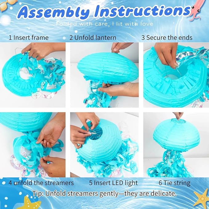 Jellyfish Paper Lanterns with LED Lights Set of 6, Lilac/Pink/Turquoise Oval Hanging Floating Decorations for Under The Sea Party Mermaid Birthday Ocean Classroom Beach Room Aesthetic
