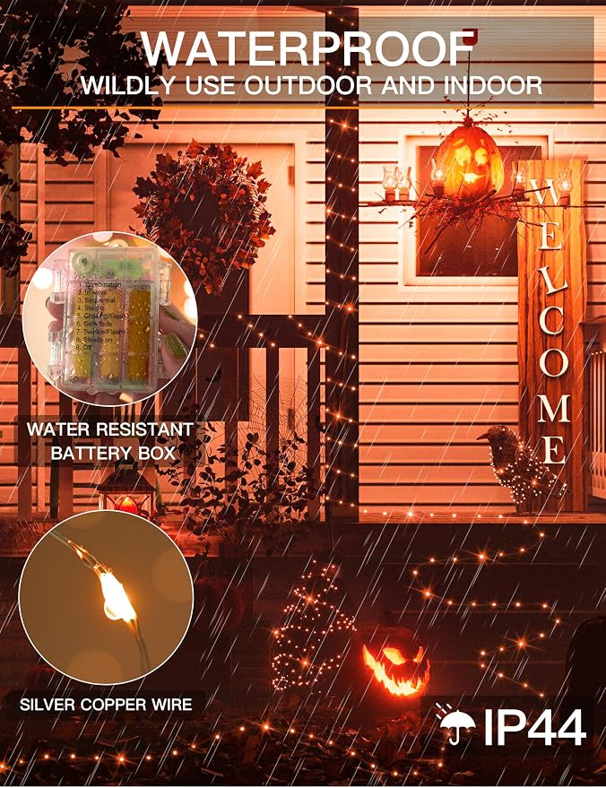 Halloween Lights Battery Operated, 33ft 100 LED Orange String Lights for Outside Decorations Waterproof, Fairy Lights with Timer and Remote for Party, Yard, Outdoor, Tree, Wedding, Rroom Decor