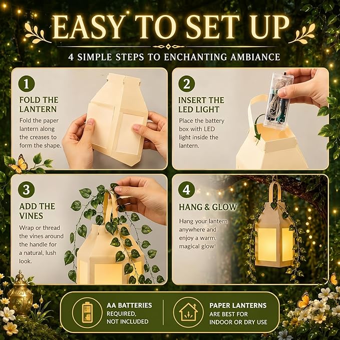 Yinder 24 Pcs Enchanted Forest Theme Decoration Set 82.68 ft Artificial Begonia Leaf Vine Paper Candle Lanterns Decor with LED String Lights for Bedroom Aesthetic Jungle Fairy Wonderland Party Favor