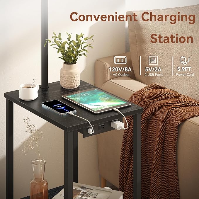SUNMORY Floor Lamp with Table Shelves, End Side Table for Living Room | USB & AC Charging Stations, 3 Color Temperature 9W LED Bulb, Adjustable Shade, Modern Nightstand Lamps for Bedroom Office