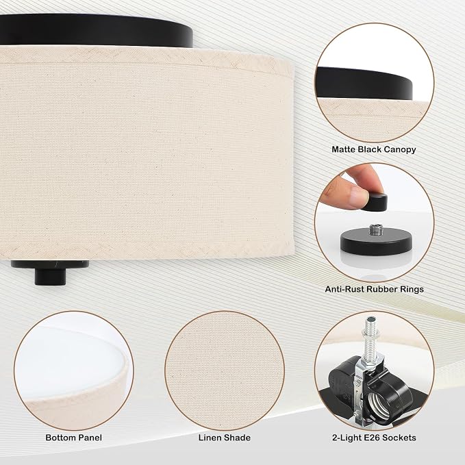 12" Flush Mount Ceiling Light,2-Light,Linen Drum for Small Rooms | Farmhouse Ceiling Light,Beige Fabric Drum Shade,E26 sockets(MAX.60W),hallway,small bedroom,walk-in closet,Bulbs NOT Included