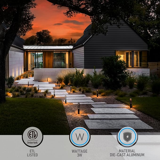 LEONLITE 6-Pack 3W 5CCT LED Low Voltage Path Lights Aluminum Black | LED Landscape Pathway Lights, Outdoor Landscape Lighting, 1800K2700K3000K4000K5000K Selectable, 12-24V, ETL, IP65 Waterproof