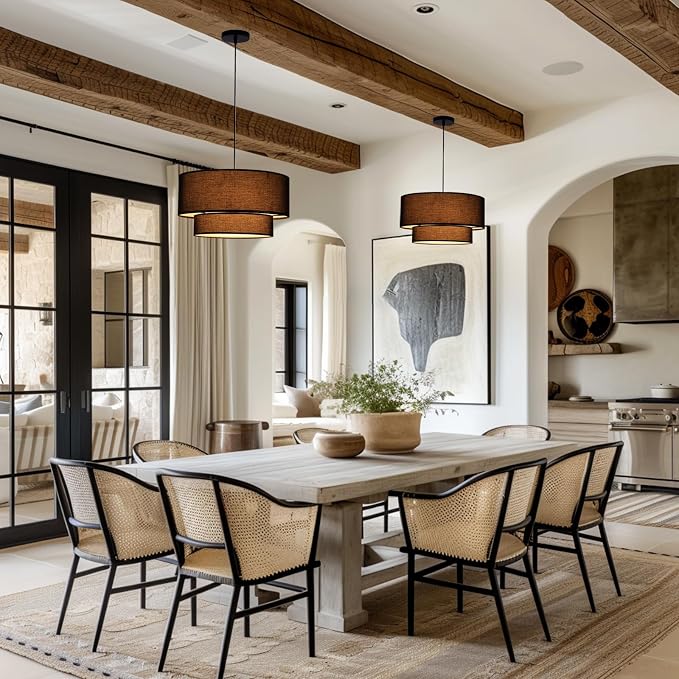 Black Drum Pendant Light Fixtures, 18” Double Drum Chandelier with Fabric Lampshade E26 Base, 3 Light Dining Room Light Fixture, 2-Tier Chandelier for Bedroom and Kitchen(Bulb not Included)