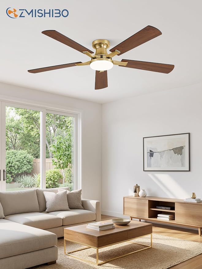 ZMISHIBO 52 Inch Ceiling Fans with Lights, Remote&App Control, Flush Mount | Low Profile, Dimmable 20W LED Light, Quiet Reversible Motor, Strong Airflow, Easy Install for Bedroom/Living Room/Apt, Gold