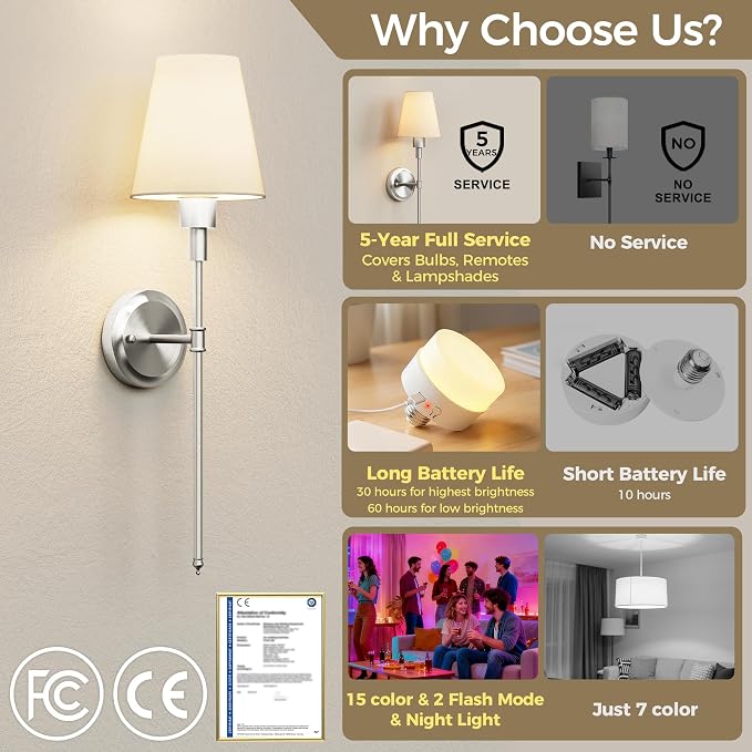 Battery Operated Wall Sconce: Set of 2 Wireless Wall Light 12000mAh | 15 Color Rechargeable Wall Sconces, Sconce Wall Decor Set of 2 for Bedroom, Living Room, Nickel, 24.6in