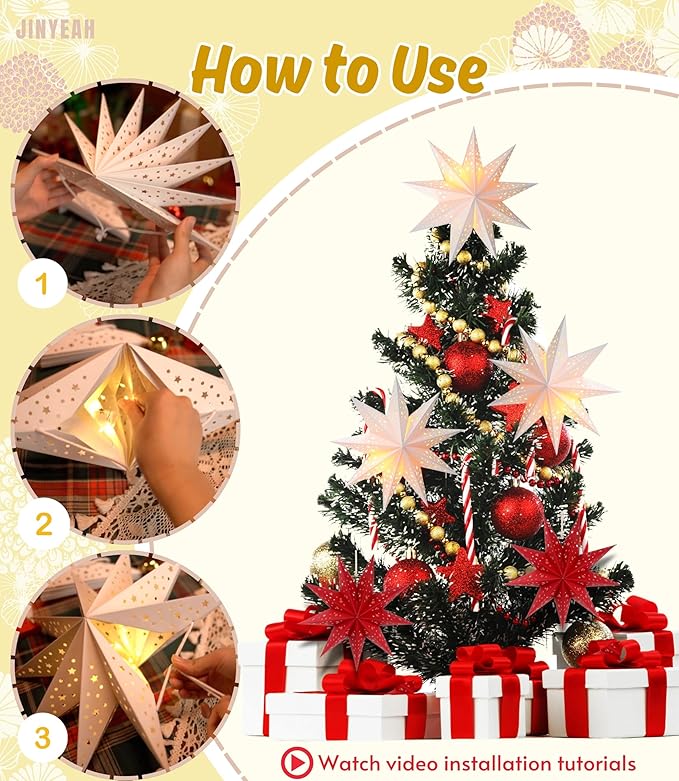 Paper Star Lantern 3PCS Christmas Paper Stars Lampshade 13.78 inch Hanging 3D Christmas Pentagram Lampshade 9 Points Lantern Foldable for Xmas Wedding decoración navideña