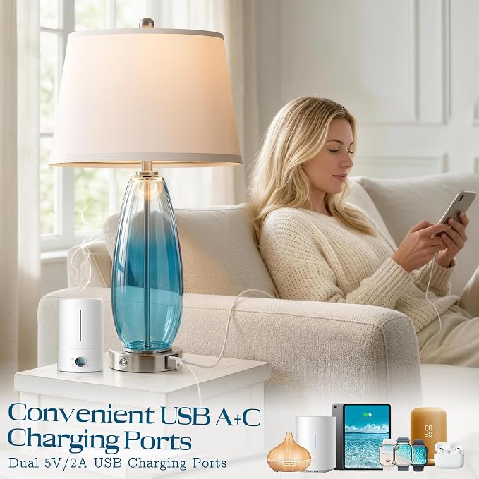 WIHTU 27" Glass Table Lamps for Living Room, Touch Bedside Lamps Set of 2 | Gradient Blue Glass Body, 3-Way Dimming, USB A+C Ports, Included 2 Bulbs,E26 Base,Modern Nightstand Lamp for Bedroom, Office