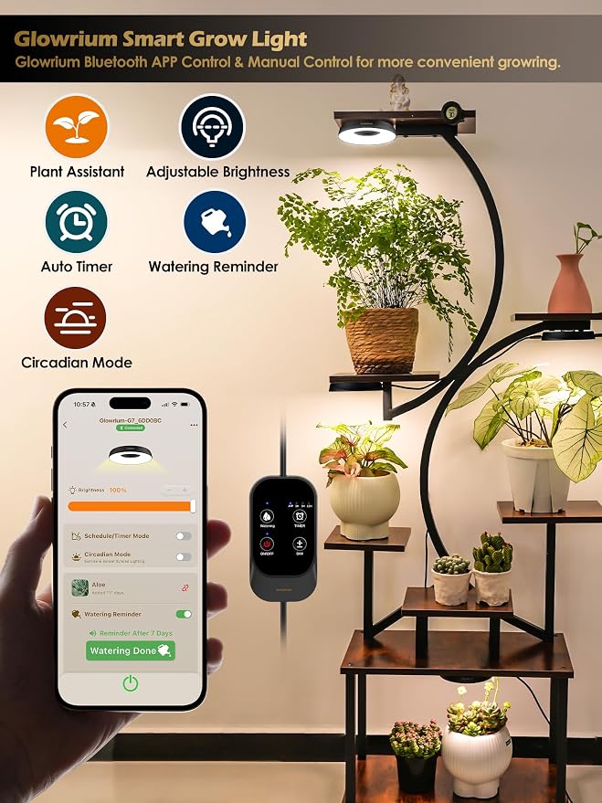 Smart Full Spectrum LED Grow Light for Indoor Plants (Black 4PCS) | 32W LED Grow Lights with Auto Timer, Stepless Dimming Plant Light, APP Plant Assistant with Watering Reminder, Modular Design