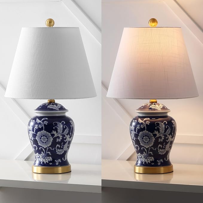 JONATHAN Y Penelope Ginger Jar 22" LED Table Lamp, Navy/White | Chinoiserie, Ceramic Metal Construction, French Country Traditional, Linen Empire Shade, Brass Gold, LED Bulb Included
