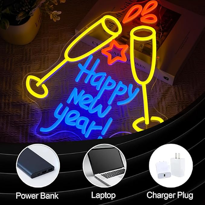Happy New Year Neon Sign for Wall Decor Dimmable Champagne Cheers Neon Light Sign for New Year’s Eve Party Christmas Holiday Celebrate Bar Home