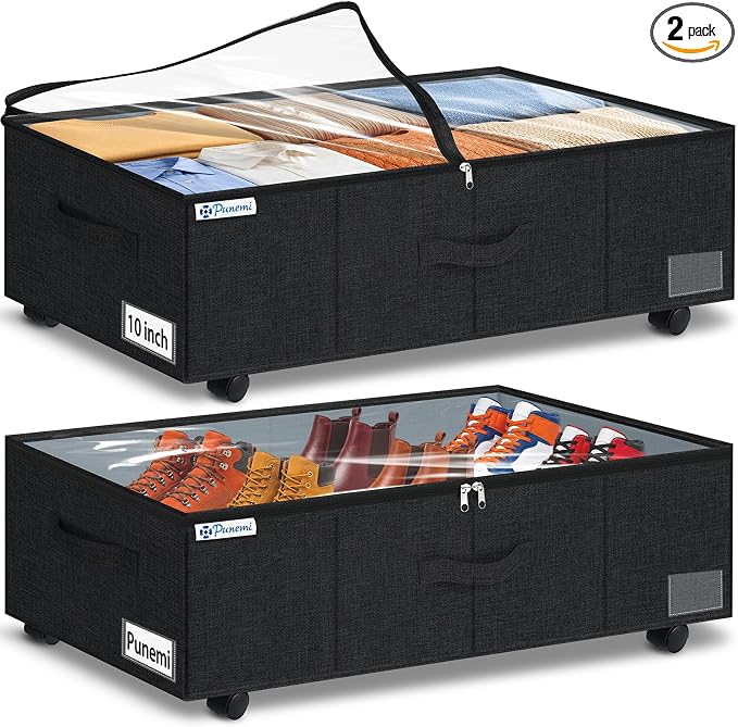 punemi 10 inch Tall Under Bed Storage Bins with Wheels, 2-Pack, Black | Clear Lids,360° Wheels,for Clothes, Shoes, Blankets & Bedding, Closet, Shelf & Dorm Organization