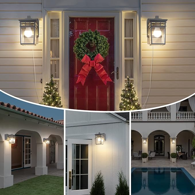 Outdoor Porch Light with GFCI Outlet Built in, Dusk to Dawn Outdoor Lighting with Clear Glass Shade, Waterproof Outdoor Wall Sconce Exterior Lights for House Garage Front Door, Bulb Included(Gray) | Gray Exterior Lighting with Clear Glass Shade, Waterp...