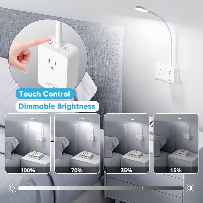 Plug in LED Book Reading Lights, 2 Pack LED Wall Sconces Lights with Power Plug Outlet Extender for Reading Working in Bedroom Kitchen, 3 Color Temperature, USB Output Charging Ports