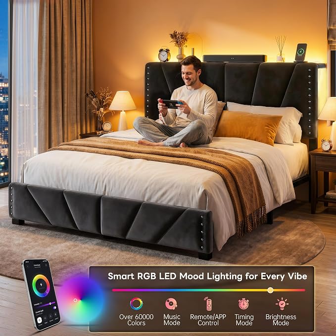 EnHomee Queen Bed Frame with LED Lights & USB, Noise-Free, Black | Adjustable Velvet Headboard，Under-Bed Storage，Heavy Duty Support with 12 Slats，No Box Spring Needed，Easy Assembly for Bedroom