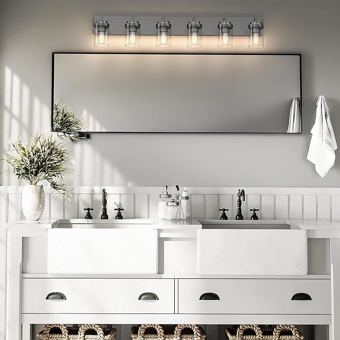 Bathroom Vanity Light, 6 Light Bathroom Light Fixtures Over Mirror, Black Vanity Lights with Clear Glass Shade, Modern Bathroom Light Fixtures for Bedroom, Hallway