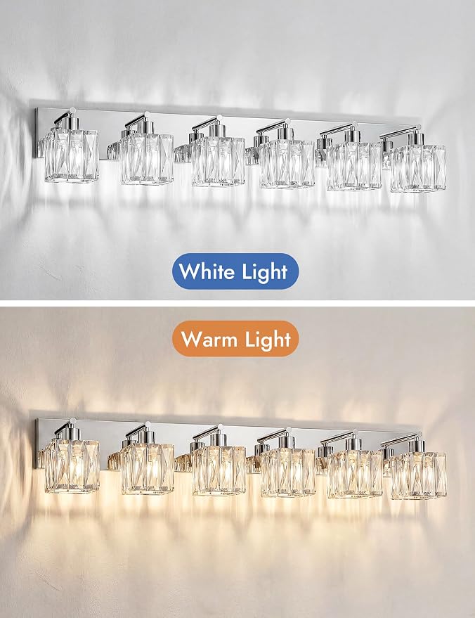 VOLISUN Chrome Bathroom Light Fixtures, Modern Stainless Steel Bathroom Lighting Fixtures Over Mirror, 6 Light Bathrooms Vanity Light, Crystal Vanity Light for Bathrooms-UL Certificated(Exclude Bulb)