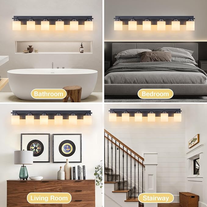 Modern Bathroom Light Fixtures Over Mirror, Vanity Lights for Bathroom Wall Sconces with Milky White Glass Shades, E26 Socket (Bulbs Not Included), 6 Light, Black