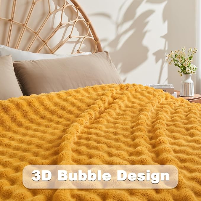 NEWCOSPLAY Queen Blanket for Couch Mustard Yellow Super Soft Flannel Fleece 3D Bubble Lightweight Bed Blanket All Season Use (Mustard Yellow, Queen(90"x90"))