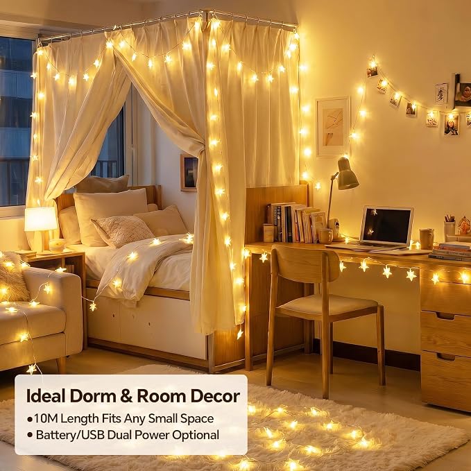 33Ft 80LED Star String Lights Battery and USB Operated, Warm White Star Fairy String Lights,Waterproof for Home Indoor Bedroom Wedding Room Dorm Wall Window Tent LoftBed Patio Party Decor