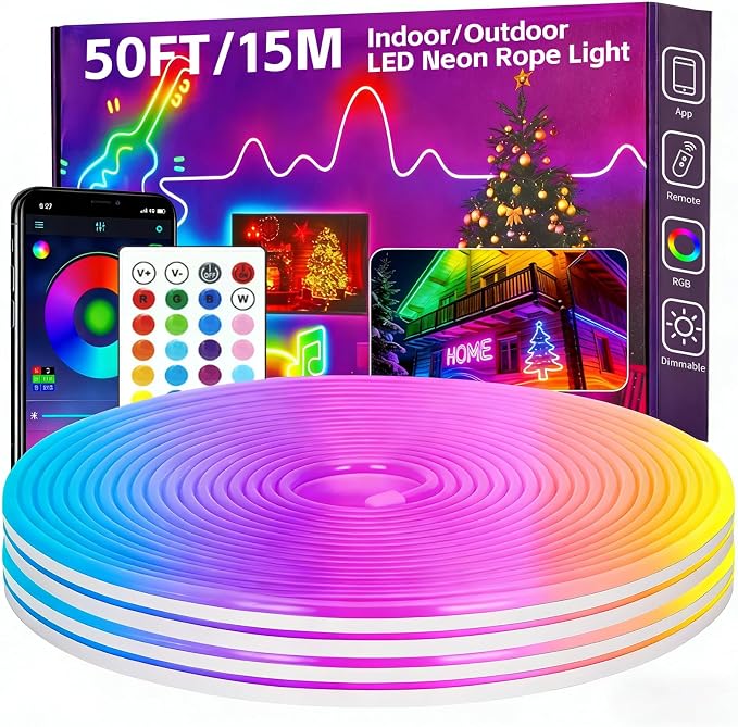 50FT RGB LED Neon Rope Lights, App & Remote Control, Flexible Waterproof IP65 Led Strip Lights, Music Sync Color Changing Multiple Modes Neon Lights for Bedroom Gaming Room Indoor & Outdoor Decor