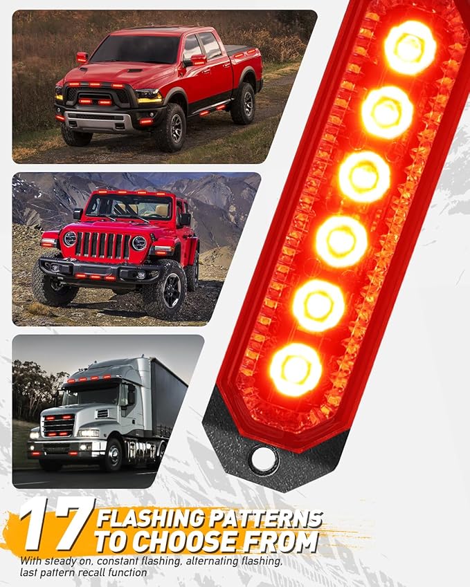HLauto 406T Emergency Strobe Grille Lights: 4Pcs 6 LED Sync Feature Safety Warning Flashing Light, 12V-24V Ultra Slim Surface Mount Hazard Caution Light for Truck, Vehicle, Car, ATV, UTV (Red)