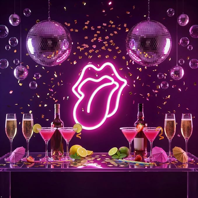 Lips Neon Sign LED Pink Lips Big Tongue Shaped Neon Signs for Wall Decor USB Neon Light Signs for Bedroom Bar Pub Hotel Christmas Wedding Party